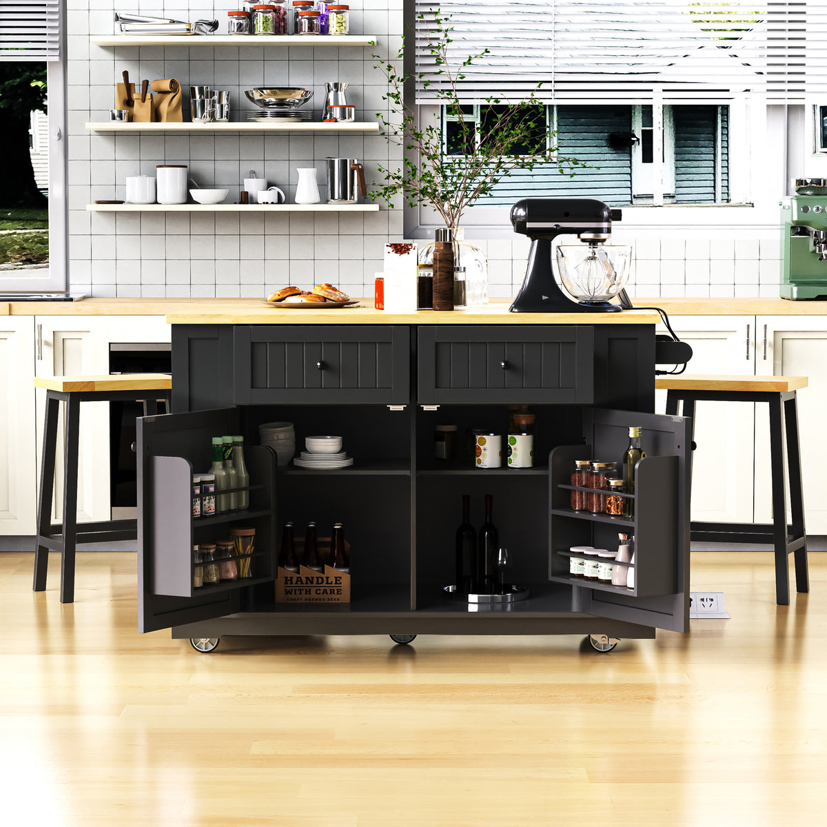 Farmhouse Kitchen Island with 2 Bar Stools, Black, 48in Drop-Leaf