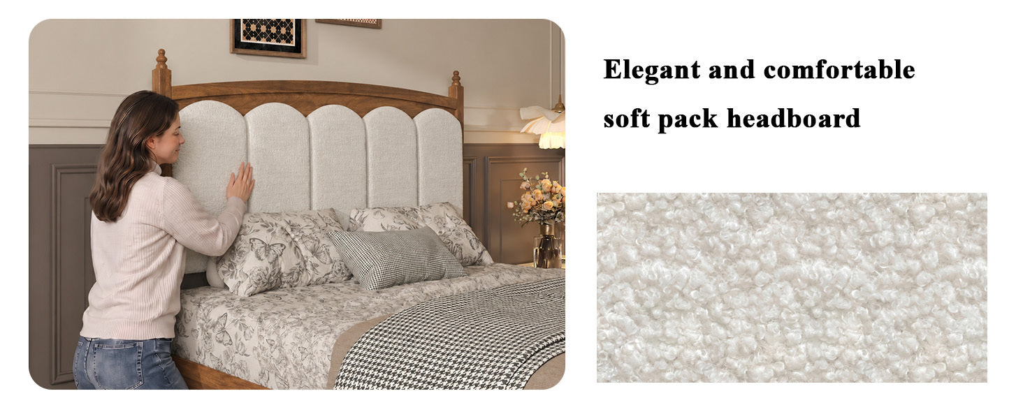 Person pressing the soft cream padded scalloped headboard of the vintage queen bed, with a fabric swatch