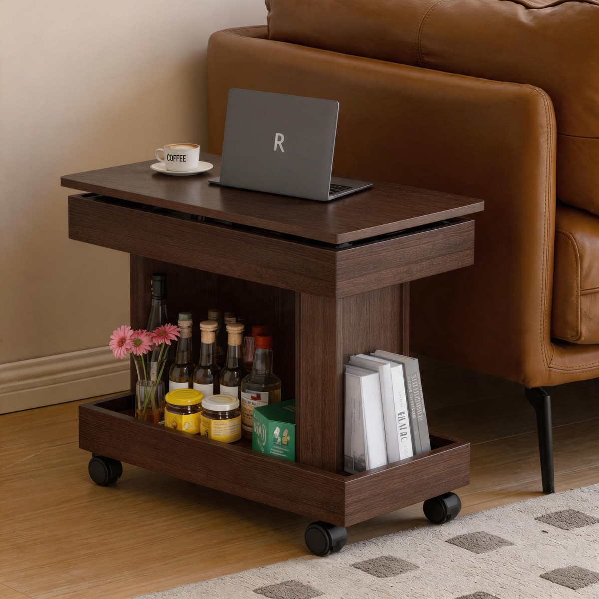 Walnut Swivel-Top Rolling Side Table with Storage, 26.8 in