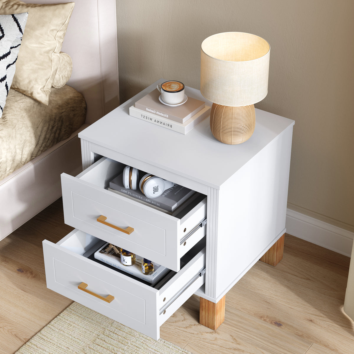 White Fluted Mid-Century 2-Drawer Nightstand with Wood Legs