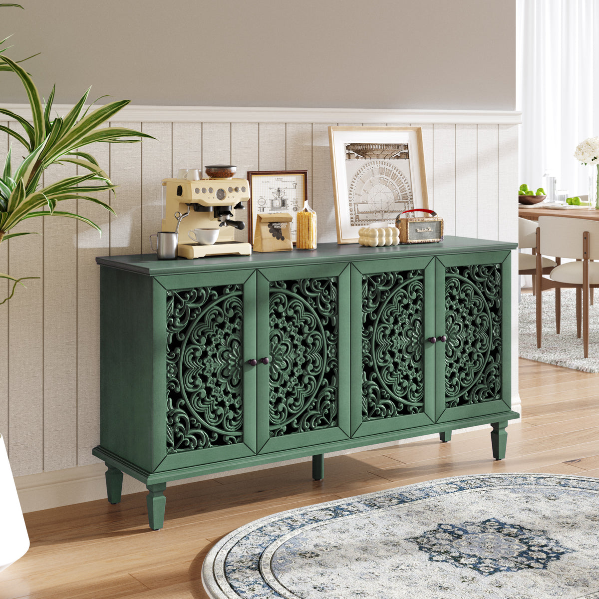 Antique Green Sideboard, 60in Carved 4-Door Buffet Cabinet