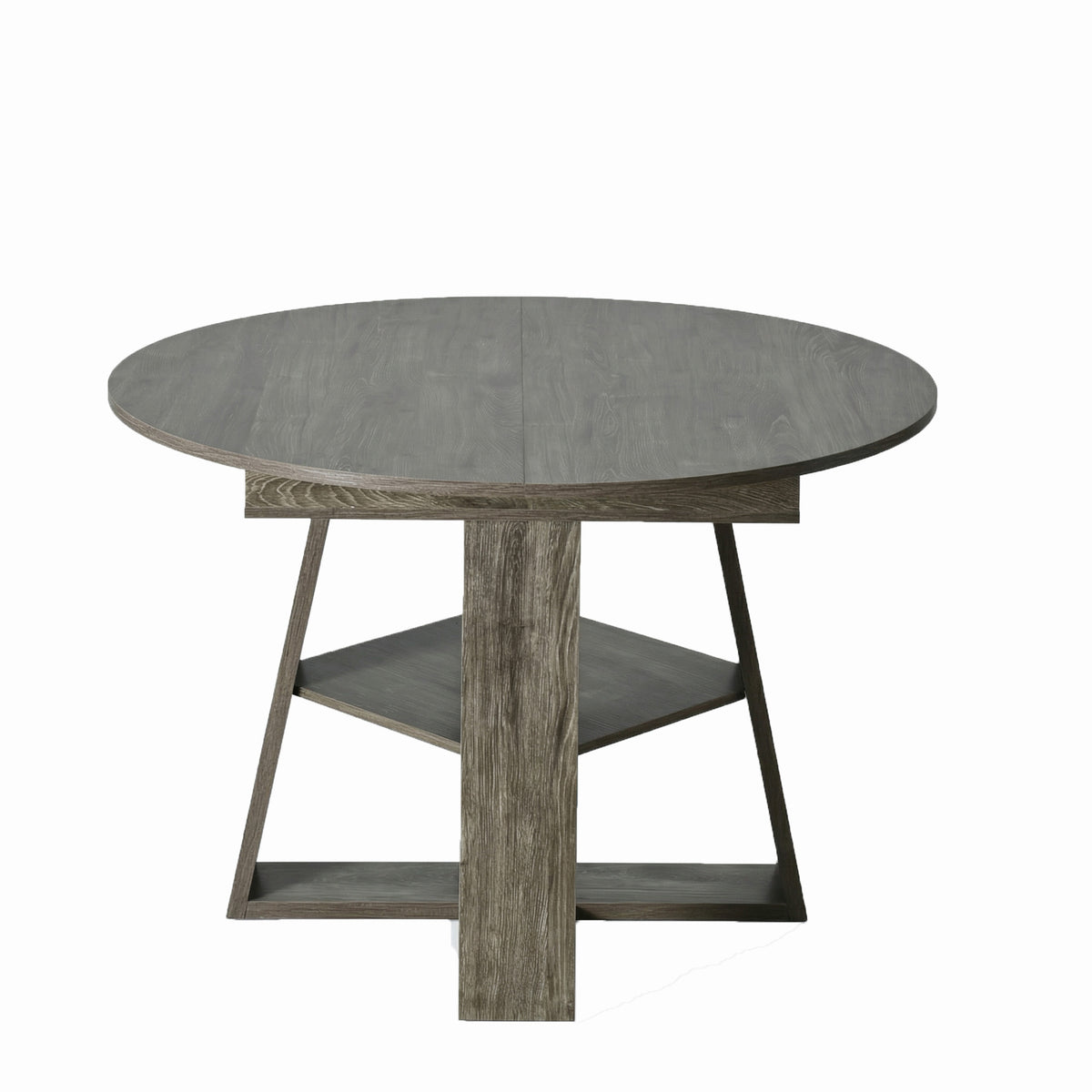 Front studio view of the gray round table with cross pedestal base and lower shelf