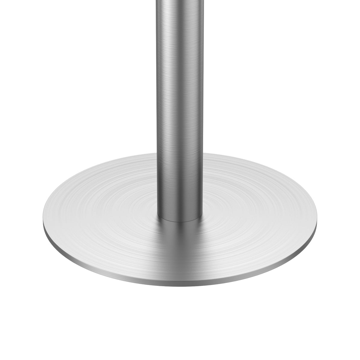 Close-up of the brushed stainless steel round base foot on a white background