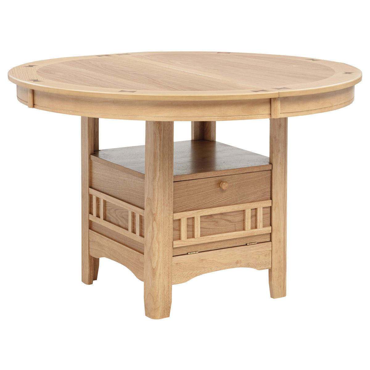Light oak round dining table with the leaf removed, front view on white studio background