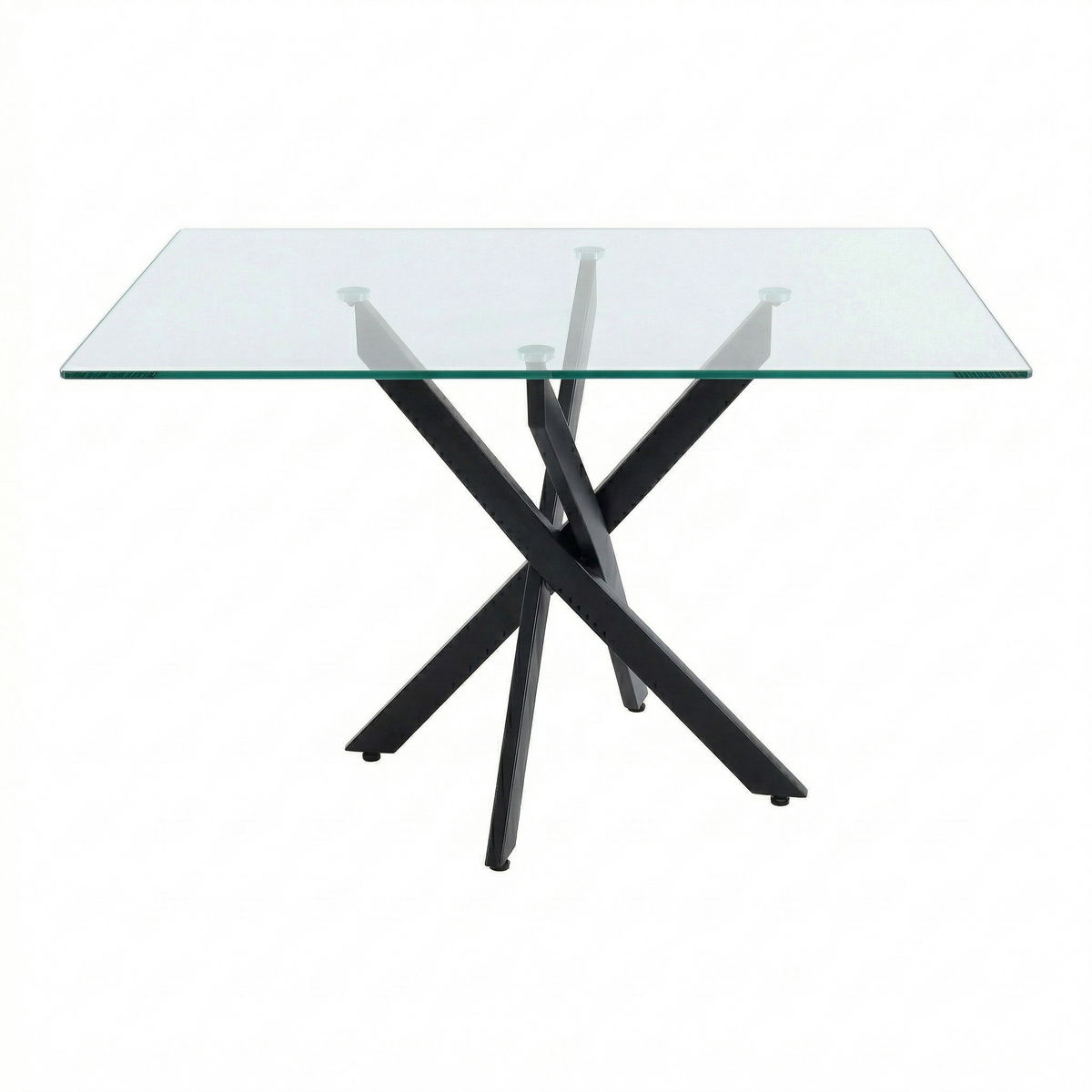 Angled view of the clear glass dining table with black intersecting legs on a white background
