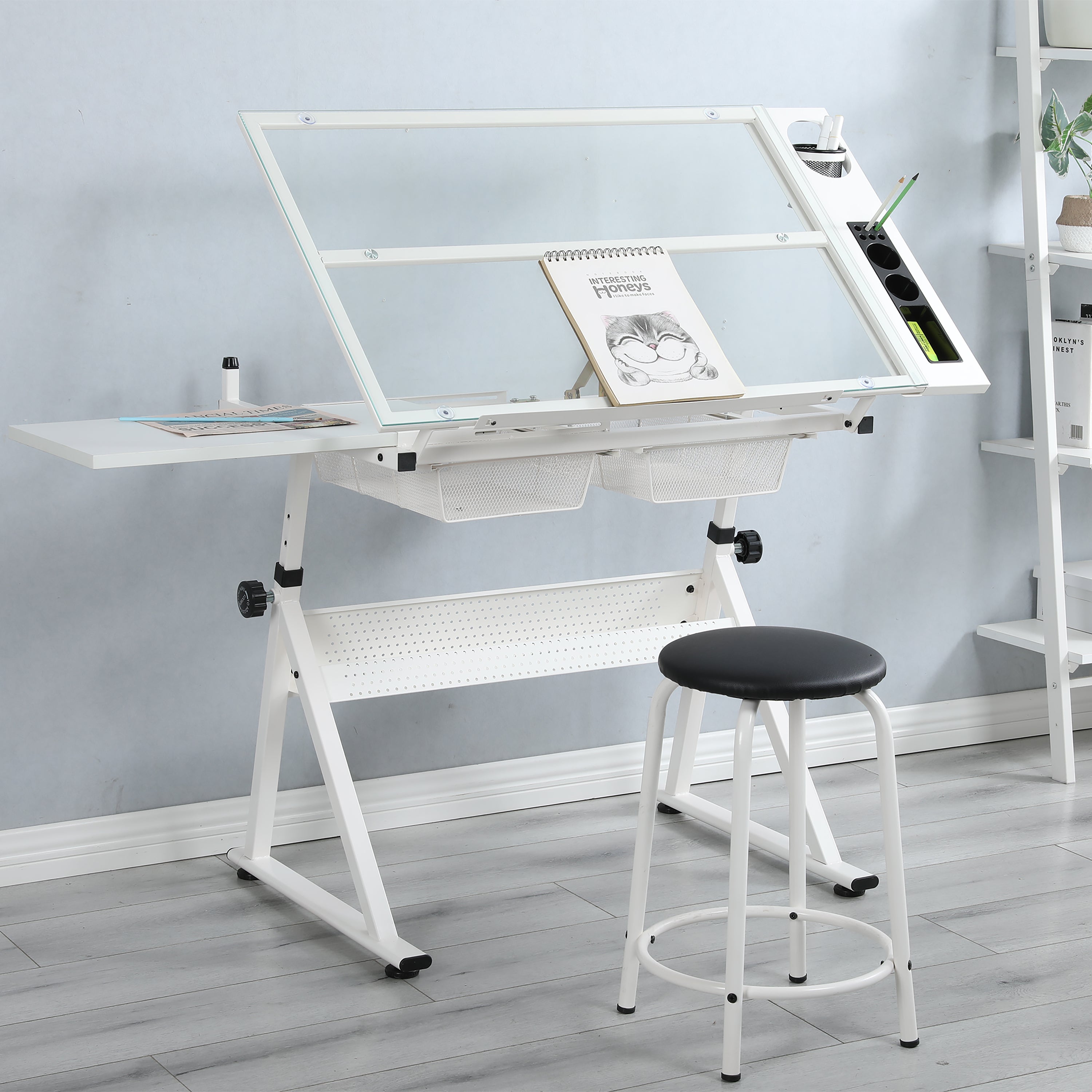 Glass Drafting Table, White