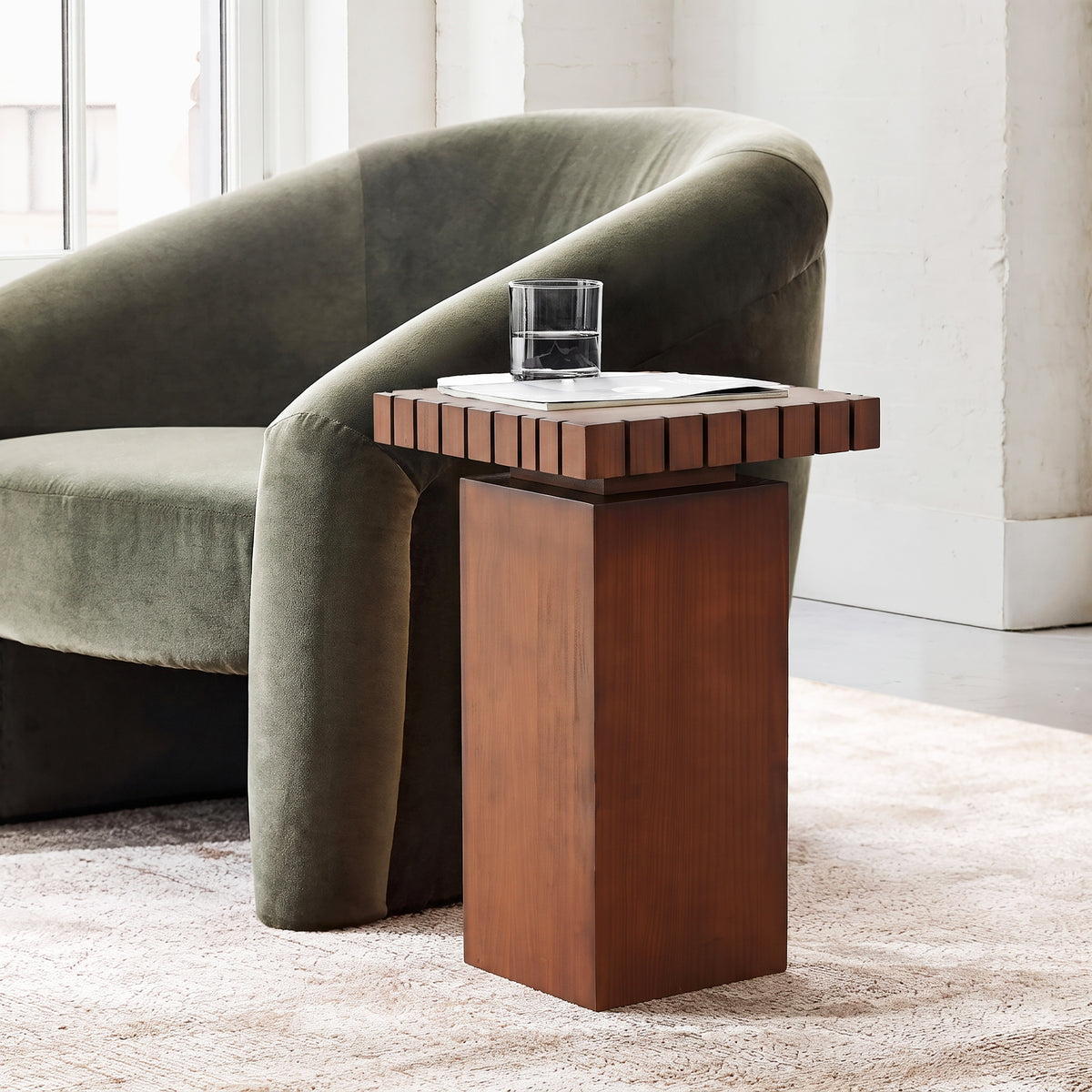 Walnut Solid Pine Square Pedestal Side Table, 14 in
