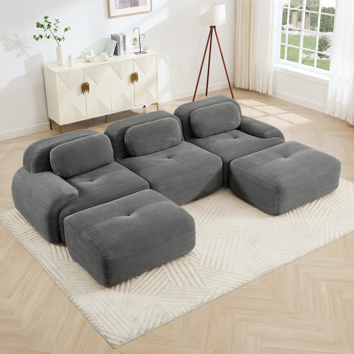 Gray Corduroy U-Shaped Modular Sectional Couch