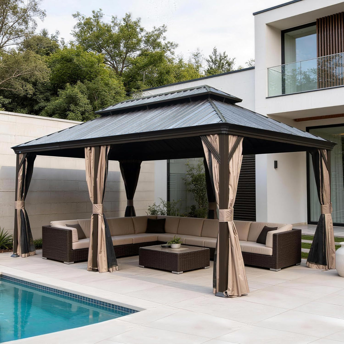 12x24 ft Brown Metal Double Roof Hardtop Gazebo with Netting and Curtains
