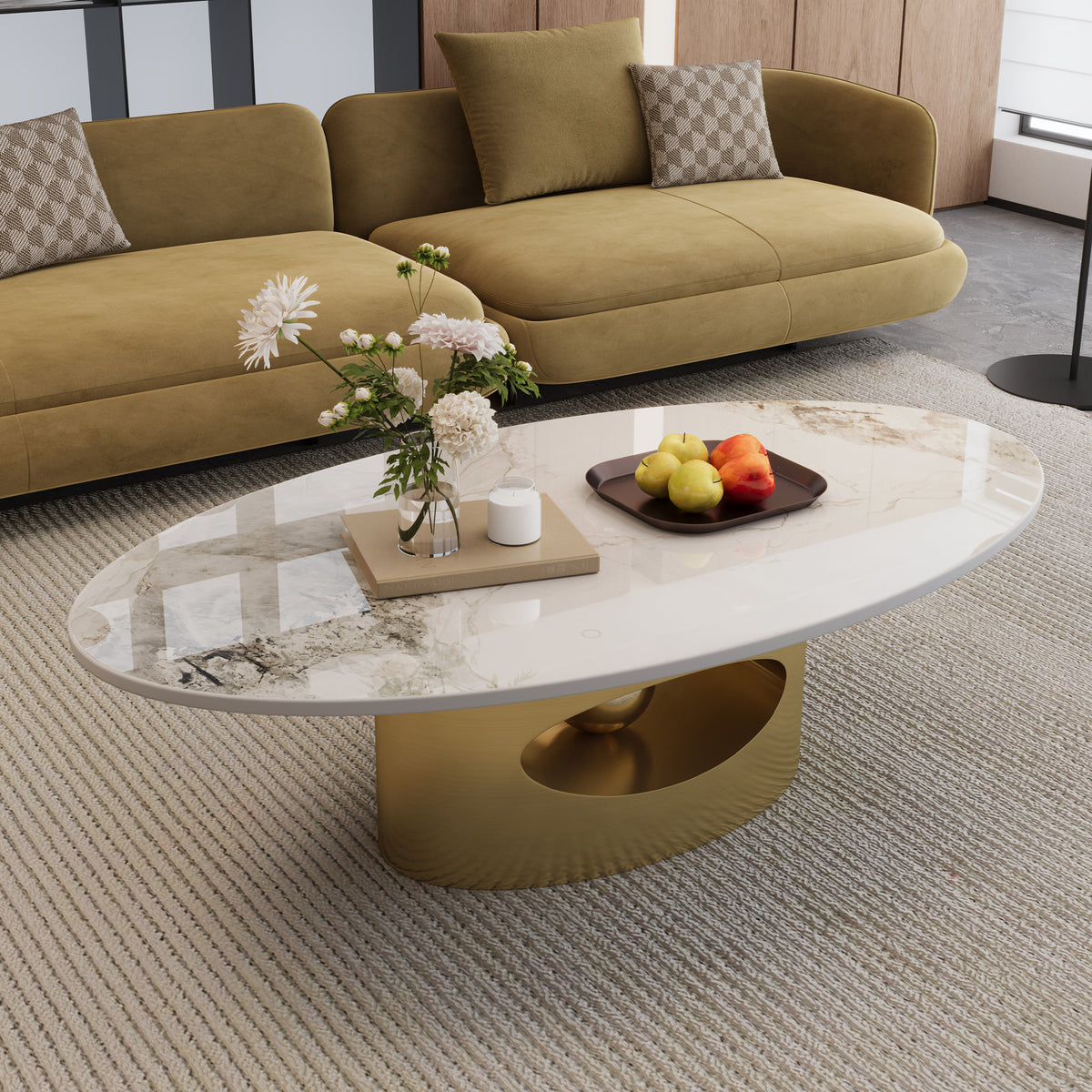 White and Gold Sintered Stone Oval Coffee Table with Sphere Base, 49.2 in