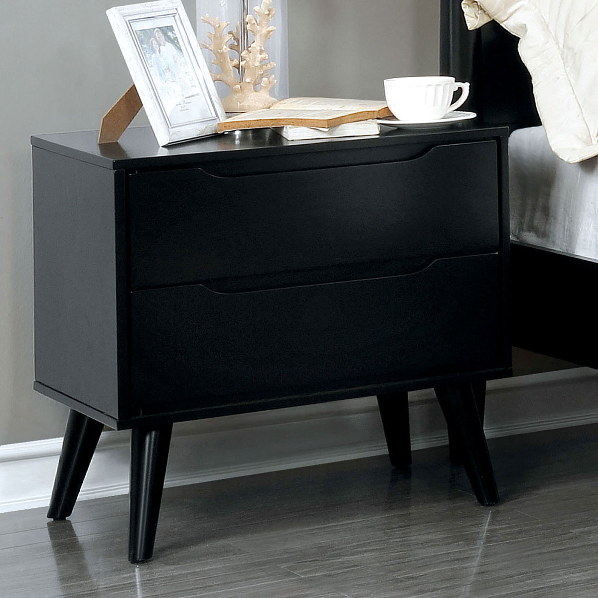 Mid-Century Solid Wood 2-Drawer Nightstand, Black