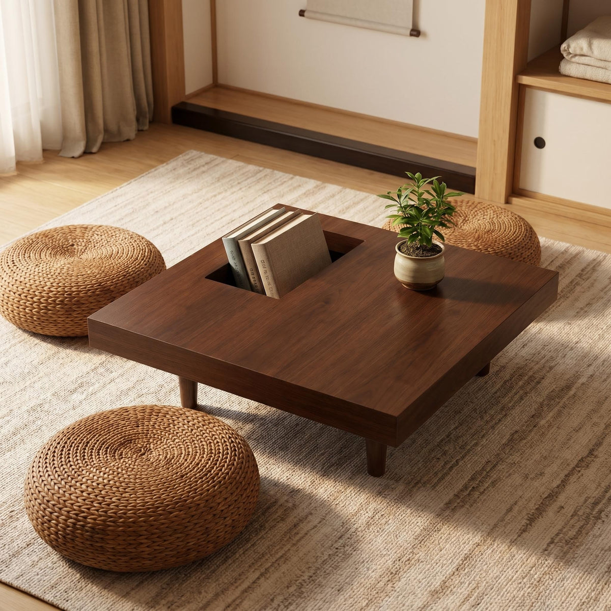 Walnut Low Square Coffee Table with Storage Tray
