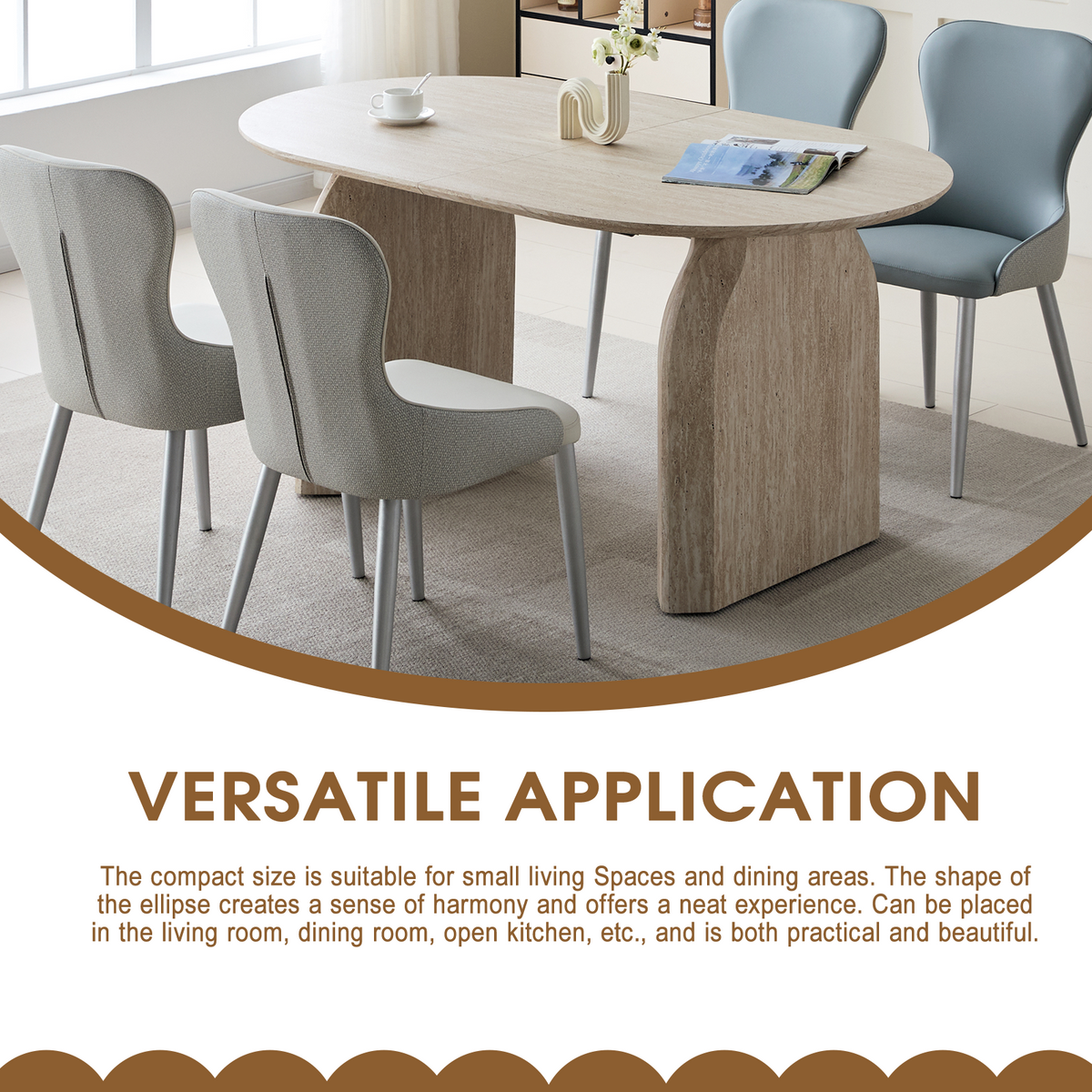 Versatile application graphic showing the oval table set with gray and blue dining chairs