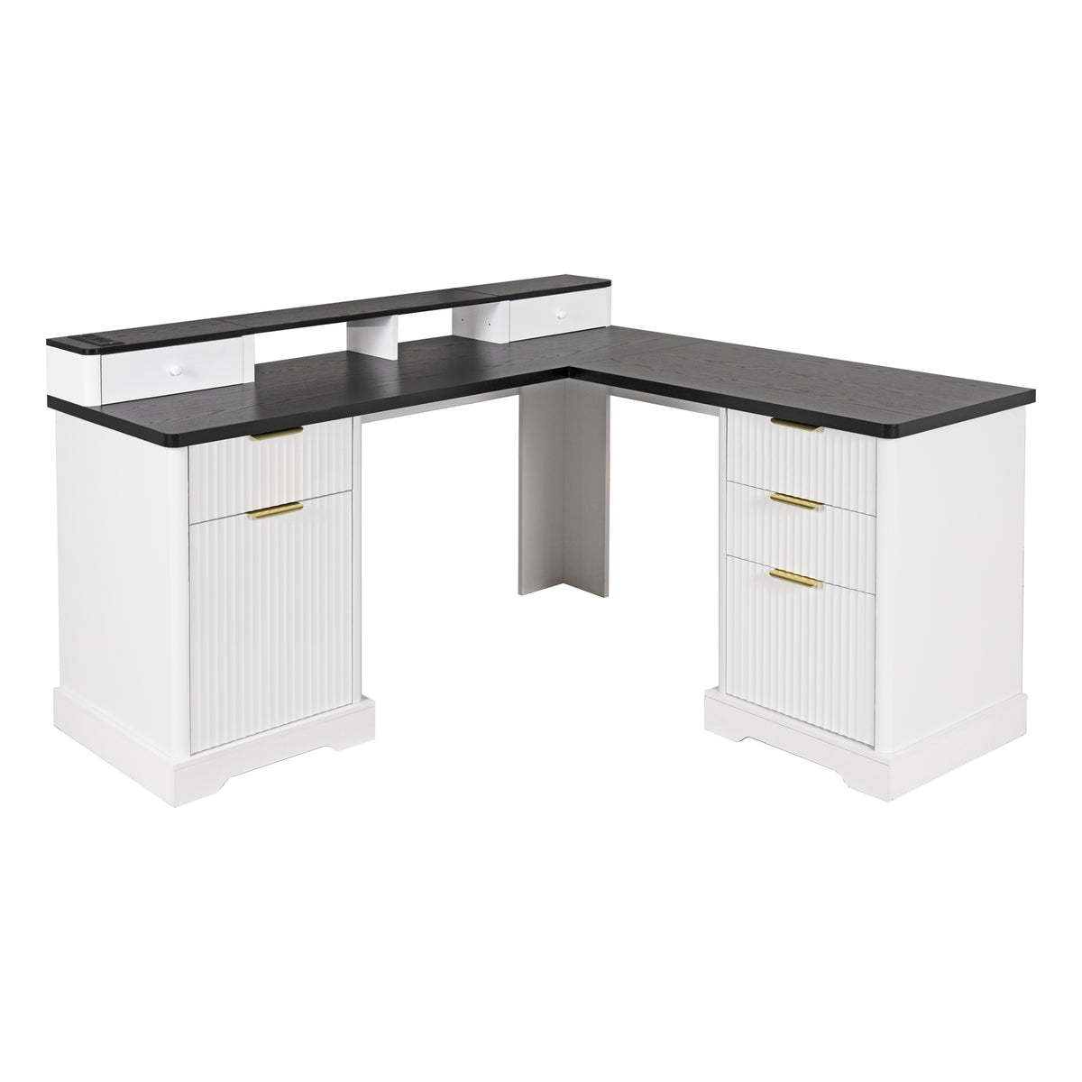 Minimalist Fluted Computer Desk, Charging Station, 5 Drawers, L-Shaped, 59.2 in, White