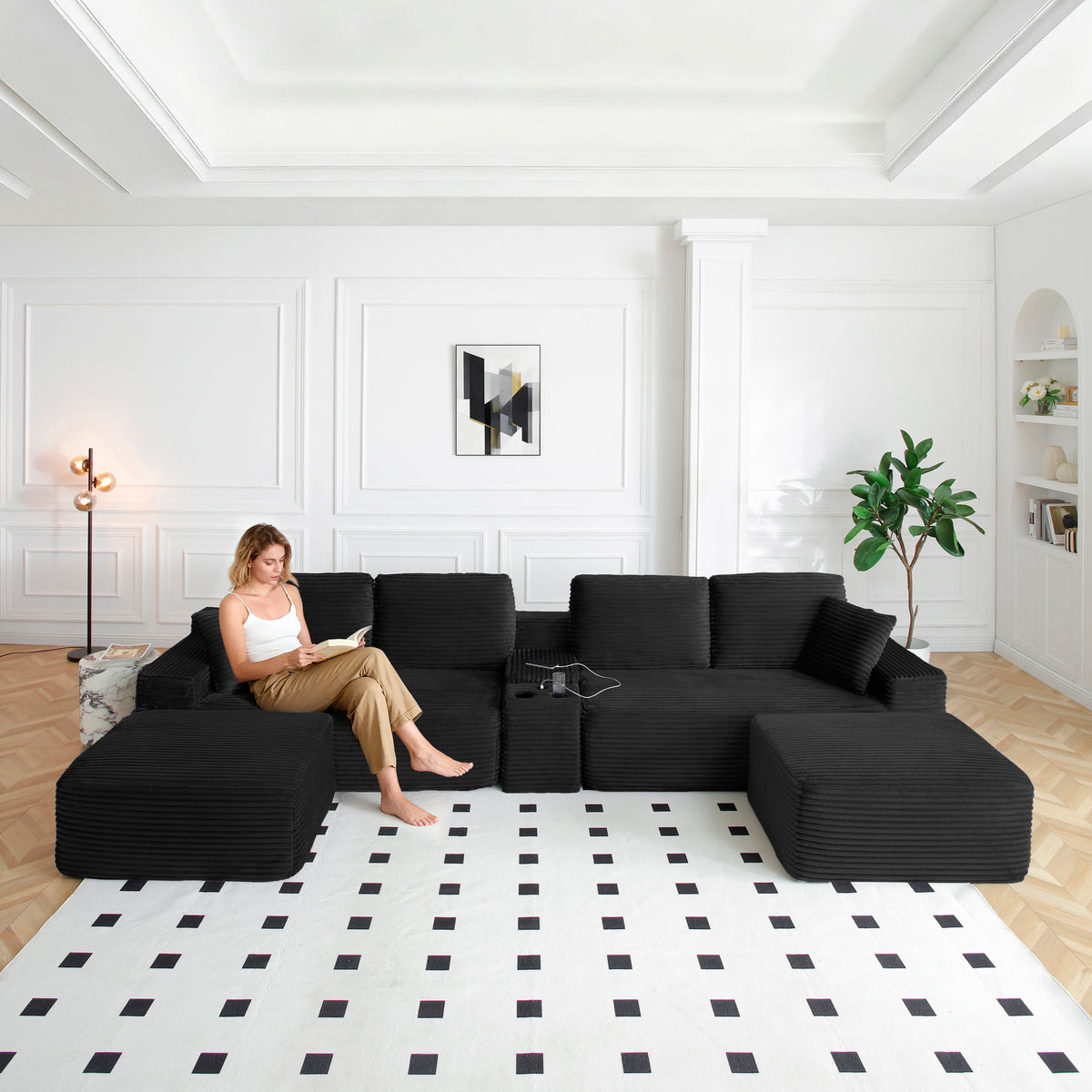 Black Corduroy U-Shaped Sectional with 2 Ottomans, 125 in Wide