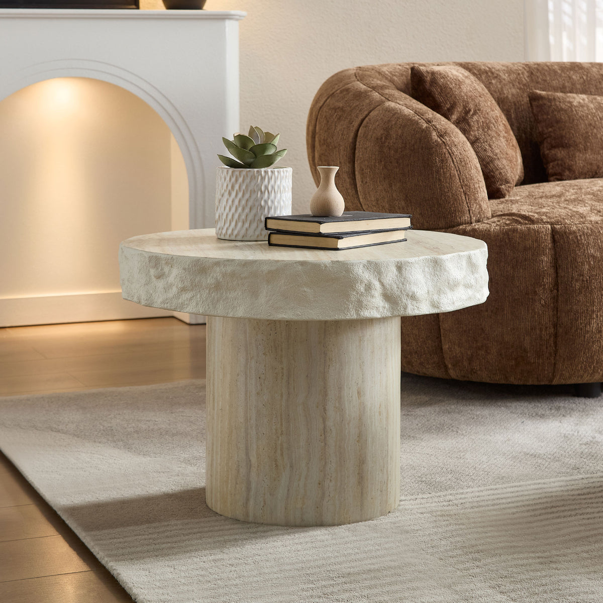 Beige Fiberglass Stone-Look Round Coffee Table, 23.8 in