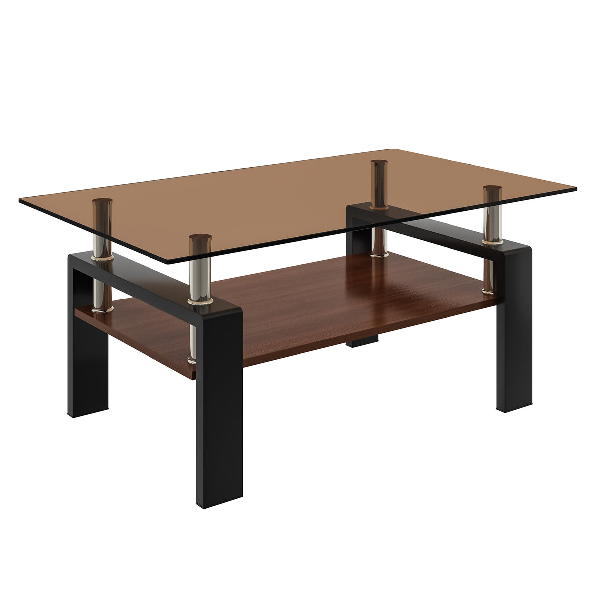 Brown and Black Glass-Top Rectangular Coffee Table with Shelf, 39.2 in