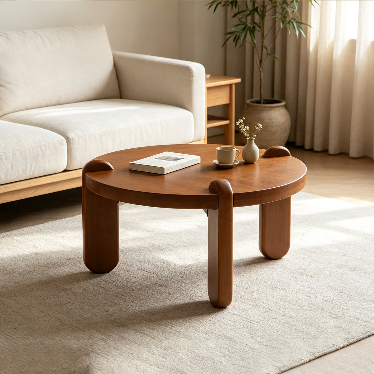 Walnut Solid Wood Round Coffee Table, 27.6 in