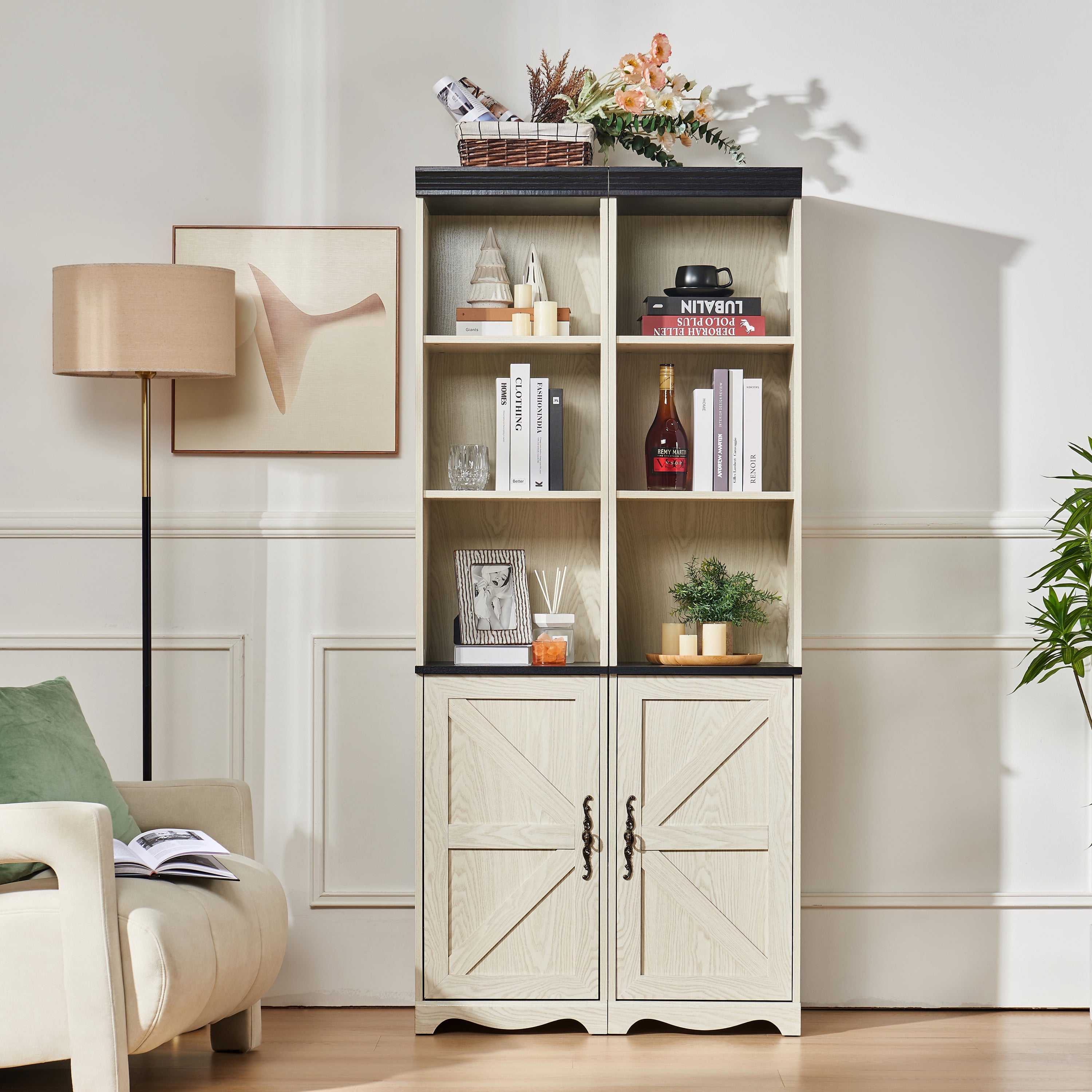 Farmhouse Storage Cabinet, Adjustable Shelves, 70.9 in Tall, White