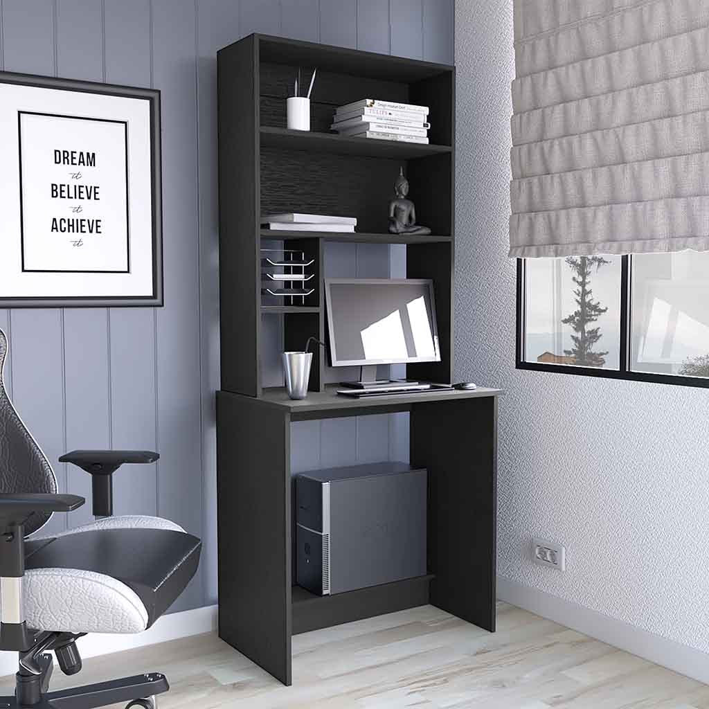 Computer Desk with Hutch, 29.6 in, Black