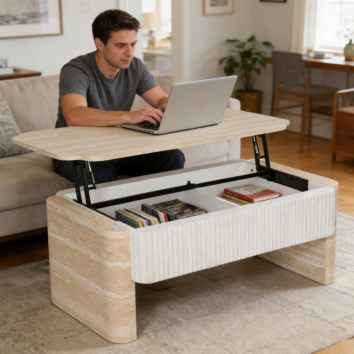 Beige Travertine-Look Fluted Lift-Top Coffee Table with Storage, 39.4 in
