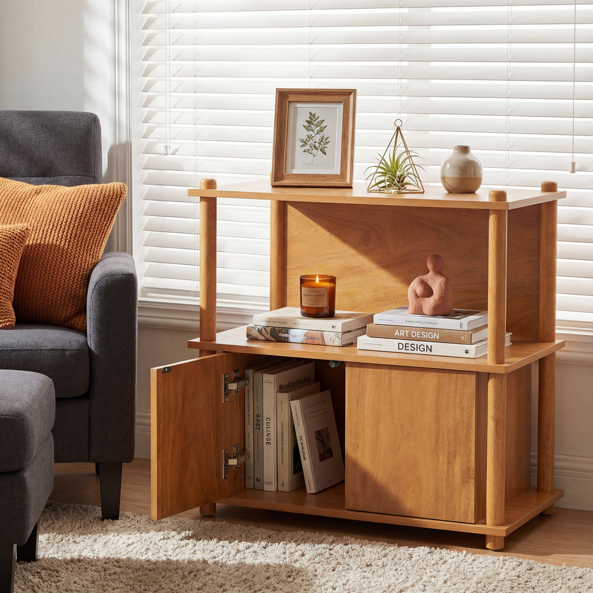 Natural Solid Wood Boho Wide Nightstand with Double-Door Cabinet and Open Shelves