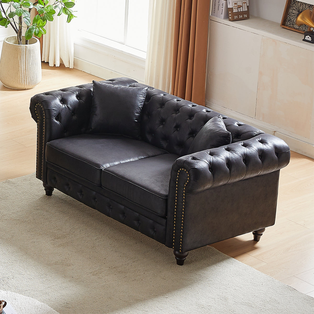 Black 2-Seat Tufted Chesterfield Sofa, 63.5 in Wide
