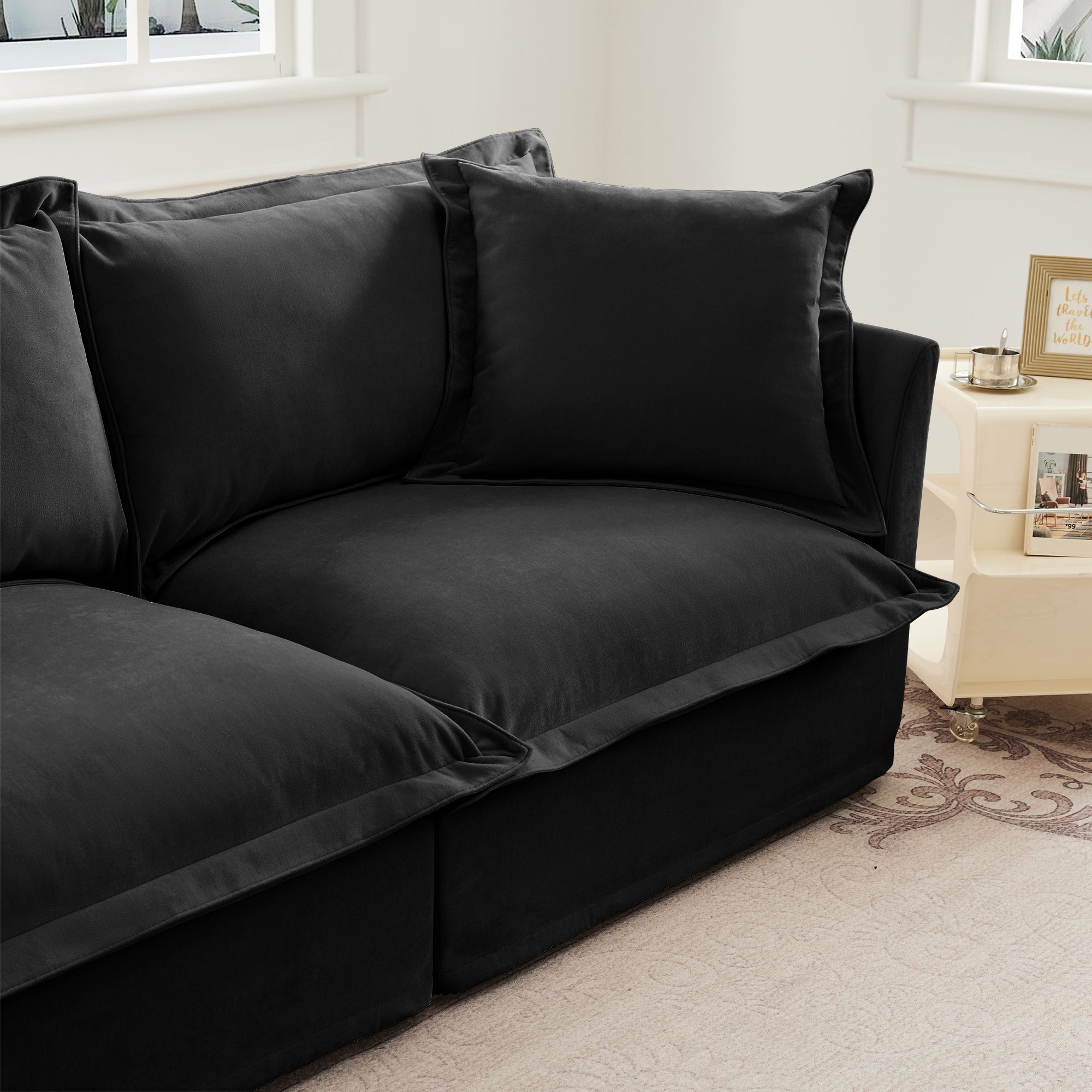 Fluffy Ottoman in Chenille Black #Fabric_Chenille Black