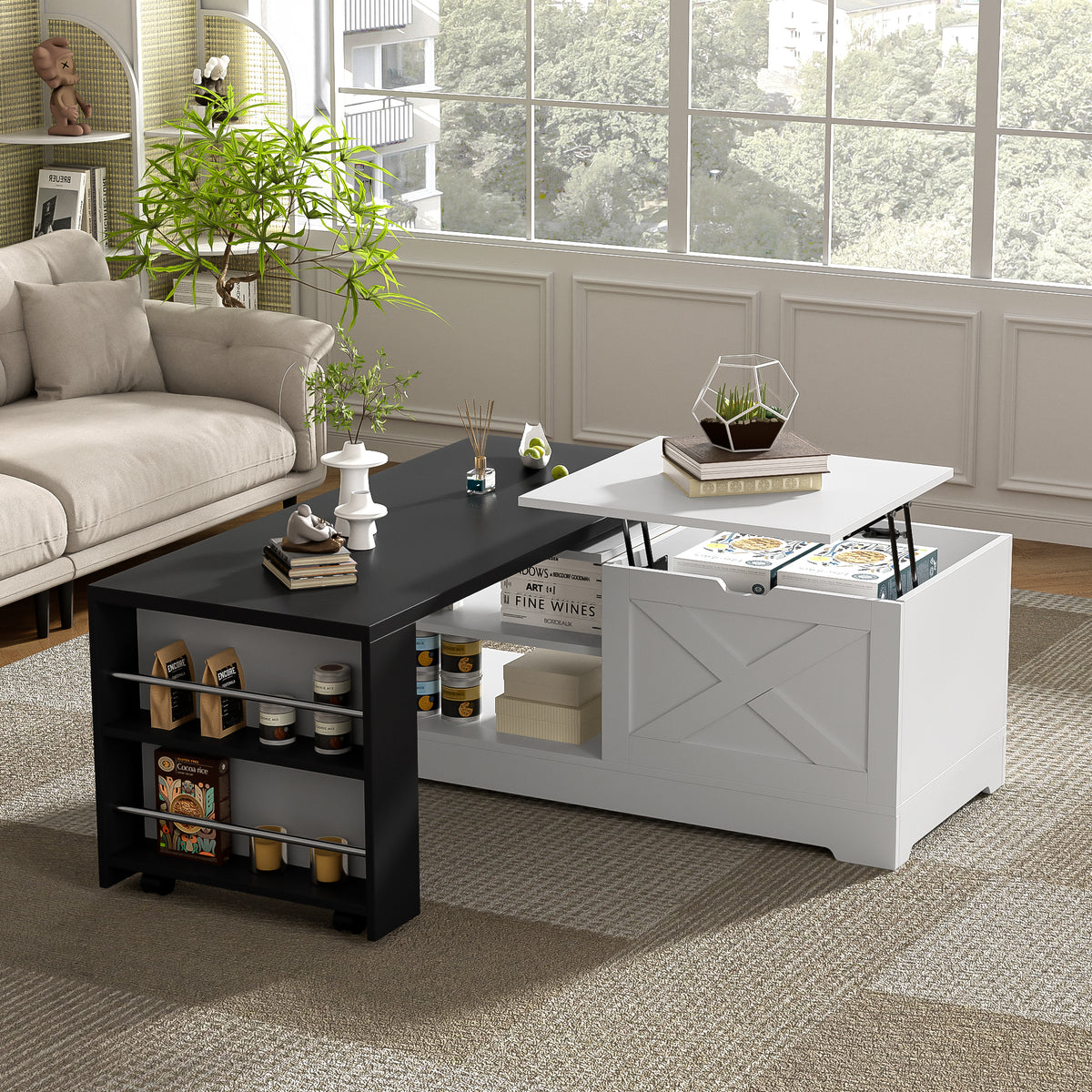 White and Black Farmhouse Extendable Lift-Top Coffee Table with Storage