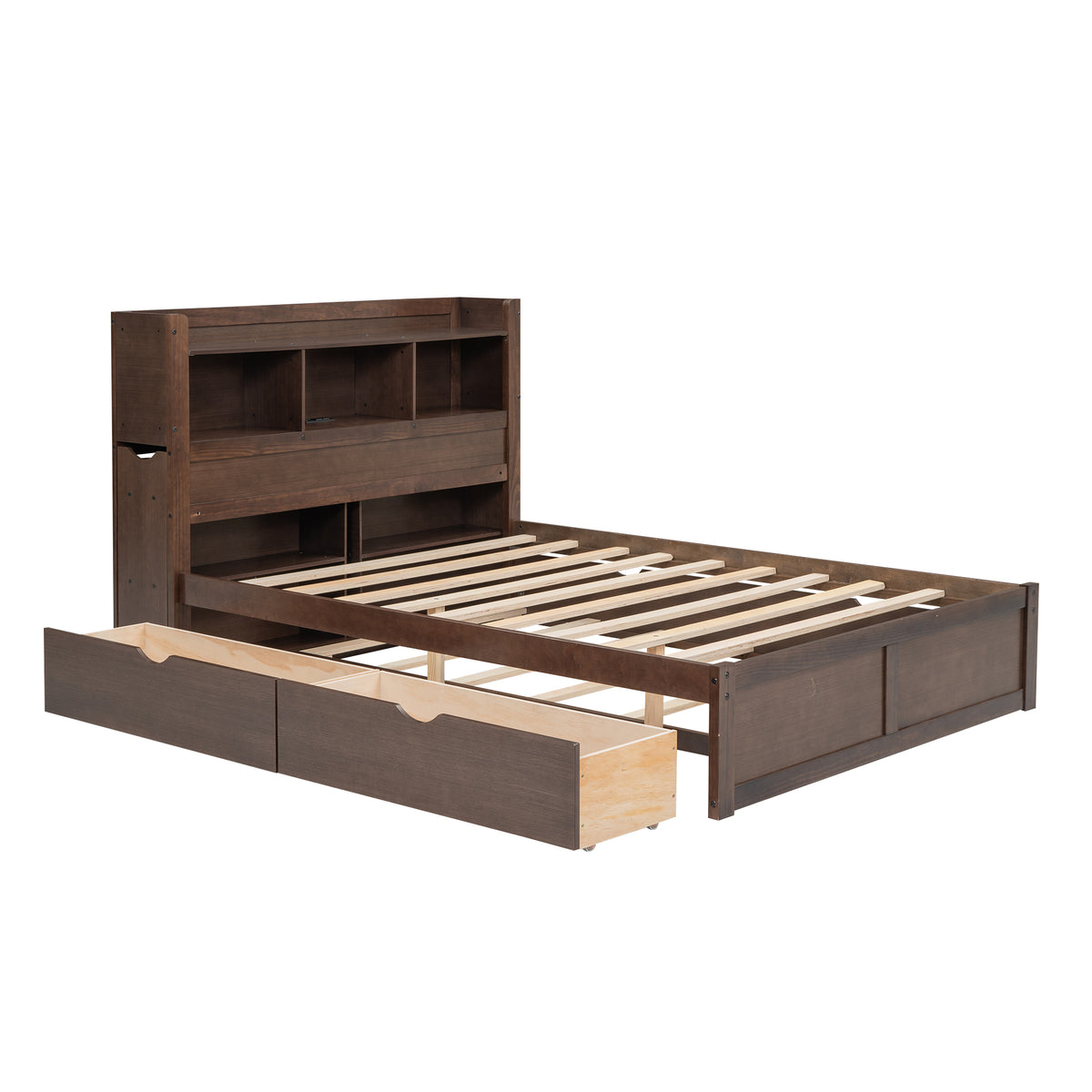 Full Size Bookcase Storage Bed with Trundle and 2 Drawers, Espresso