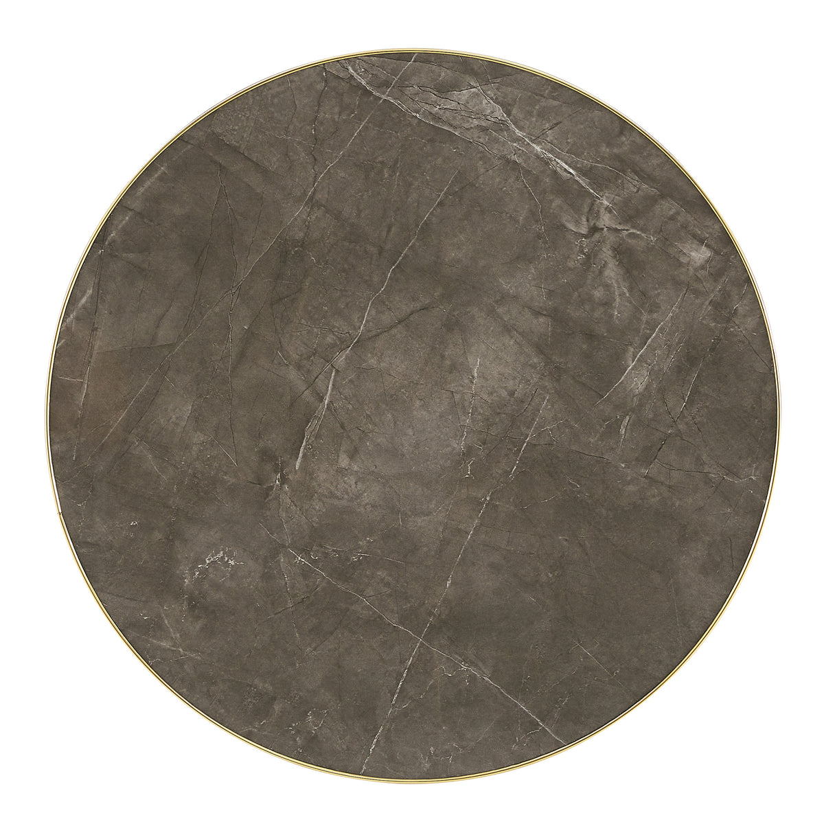 Overhead view of the round gray faux marble tabletop with polished gold edge on a white background
