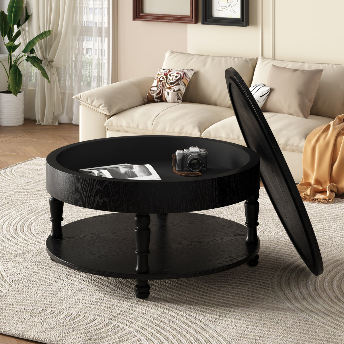 Black Two-Tier Round Coffee Table with Storage, 31.5 in, 21.3 in Tall