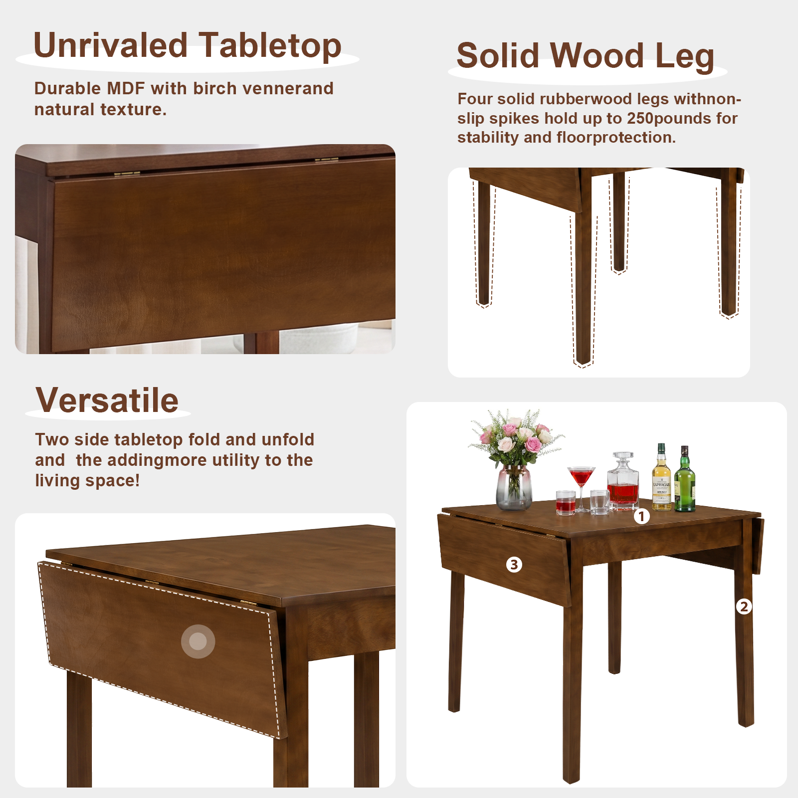 Feature graphic collage detailing the birch veneer top, solid wood legs and versatile leaves