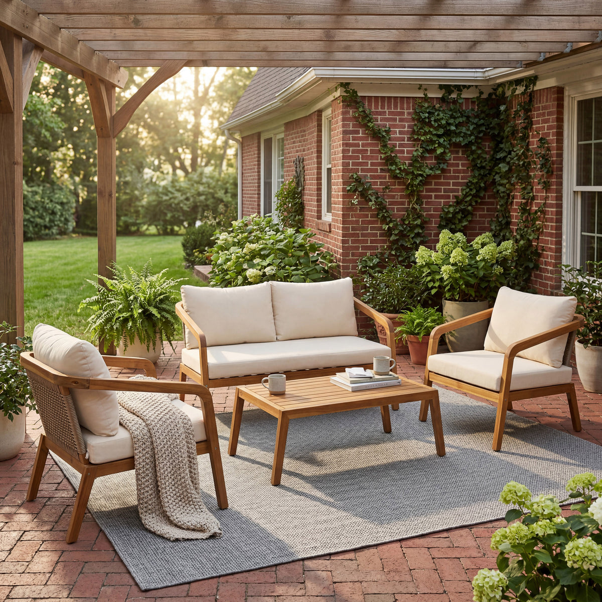 Teak Finish Solid Wood 4-Piece Patio Conversation Set for 4