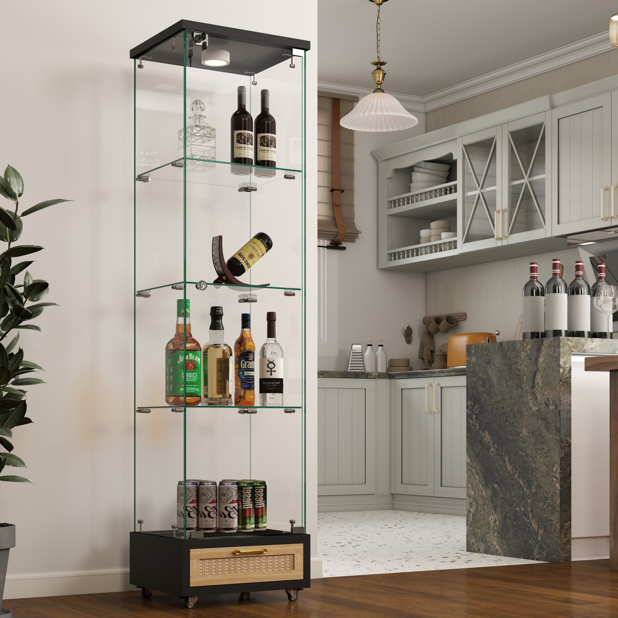 Modern Glass Bookcase, 1 Door, LED Lighting, 65.8 in Tall, Natural
