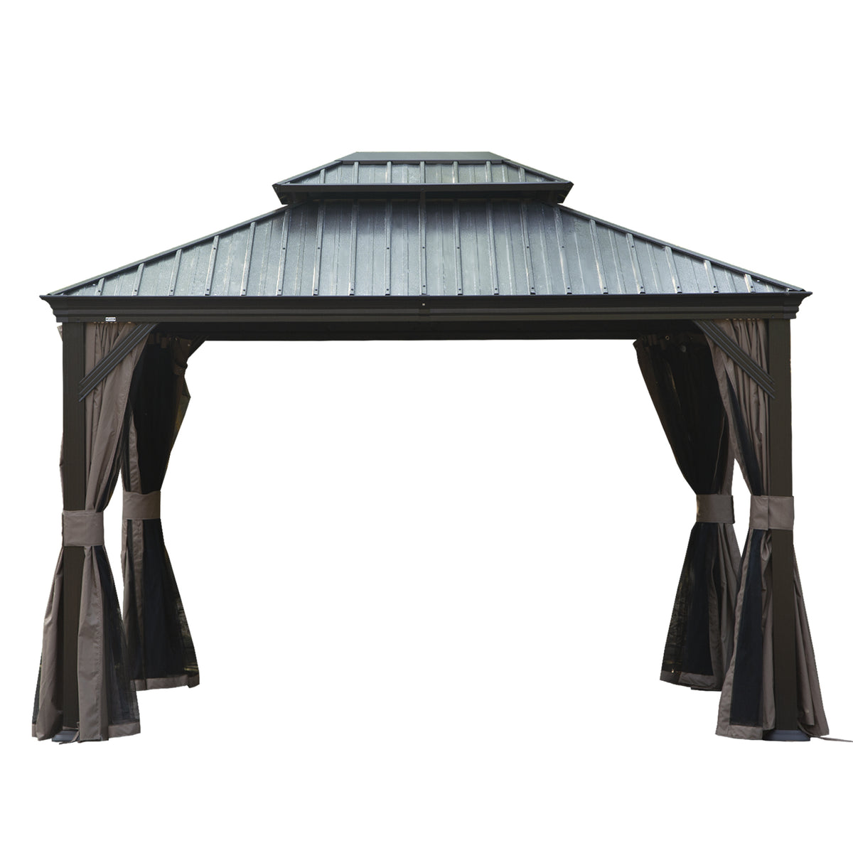 10x12 ft Dark Brown Hardtop Gazebo with Netting and Curtains