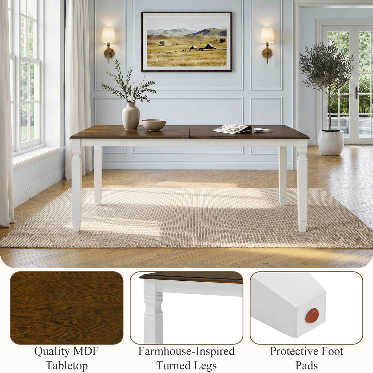 Feature graphic showing the farmhouse table with MDF tabletop, turned legs, and protective foot pad close-ups