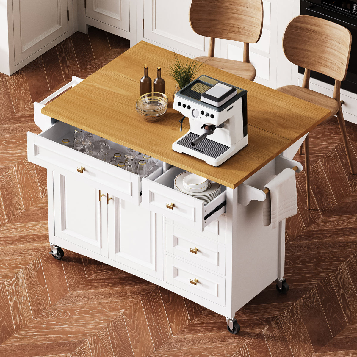 Embossed White Kitchen Island, 52-Inch, Drop Leaf & 5 Drawers