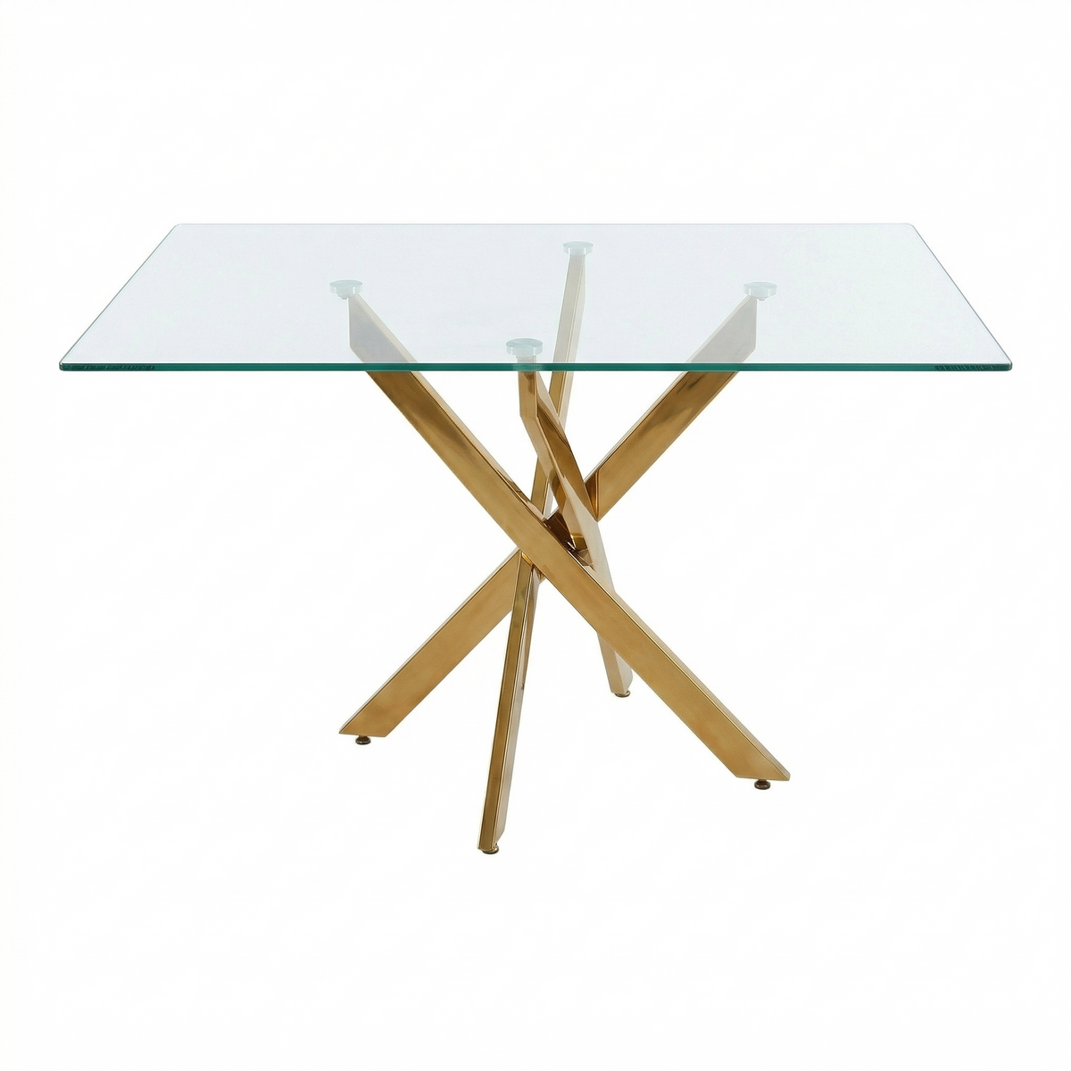 Three-quarter studio view of rectangular glass dining table with gold crisscross legs