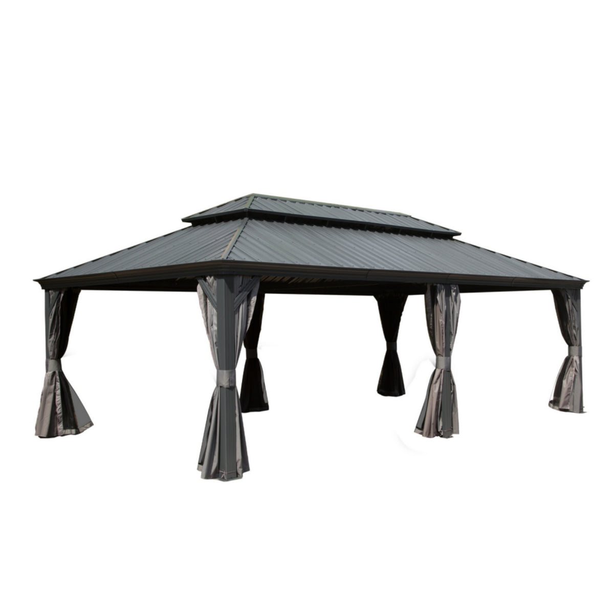 14x24 ft Gray Aluminum Double Roof Hardtop Gazebo with Netting and Curtains