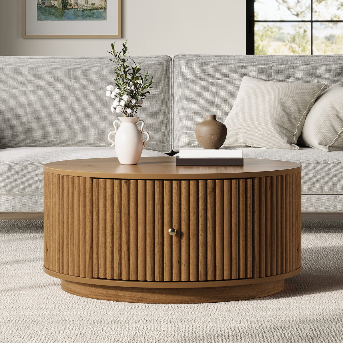 Walnut Fluted Round Drum Coffee Table with Drawers, 30.3 in