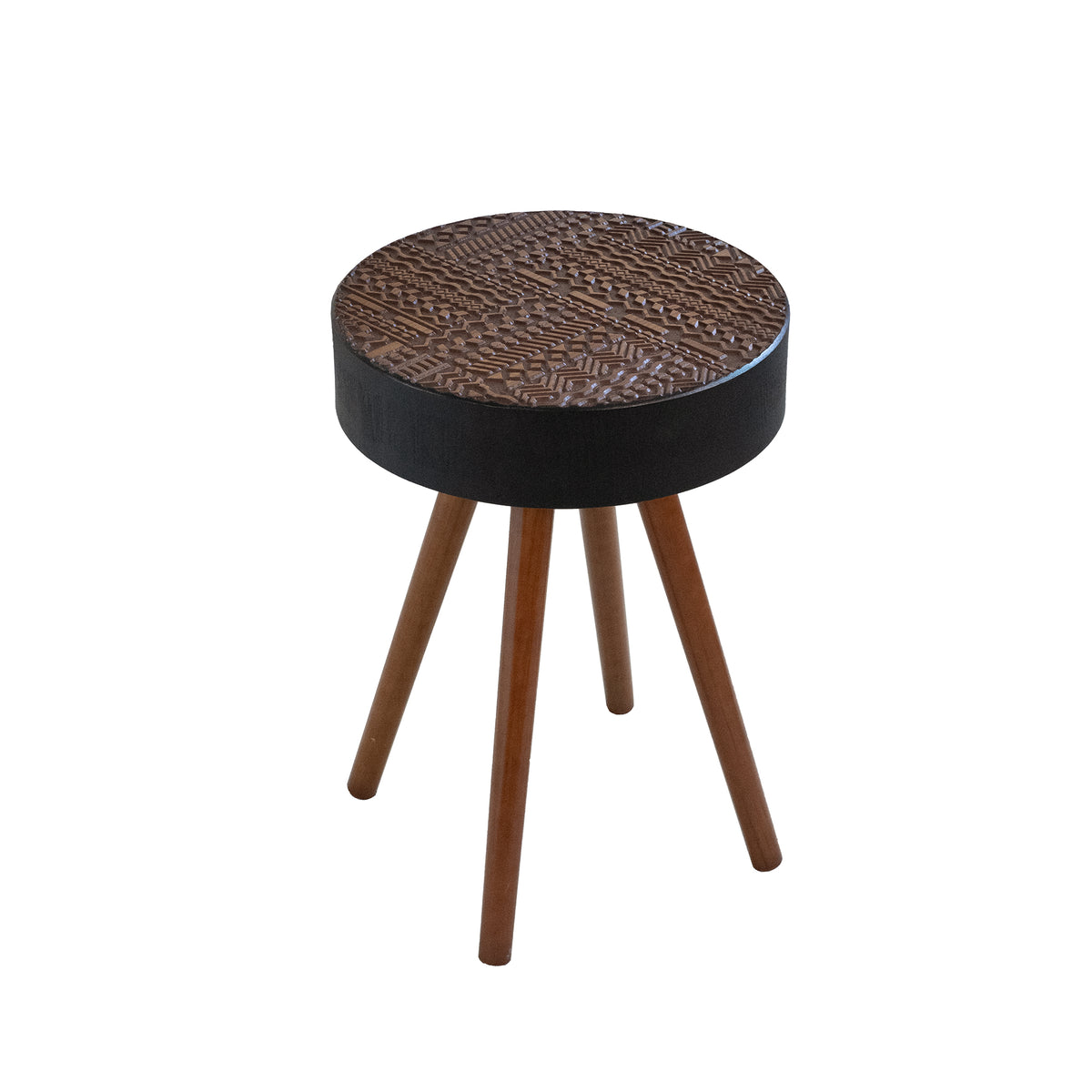 Black and Brown Carved-Top Mid-Century Round Side Table, 15.8 in