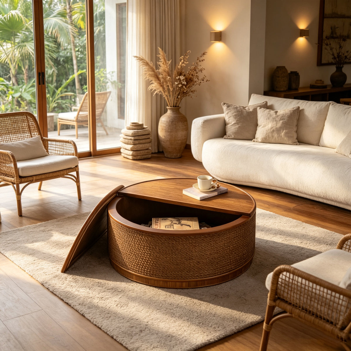 Brown Rattan and Rope Round Drum Coffee Table with Storage, 31.5 in