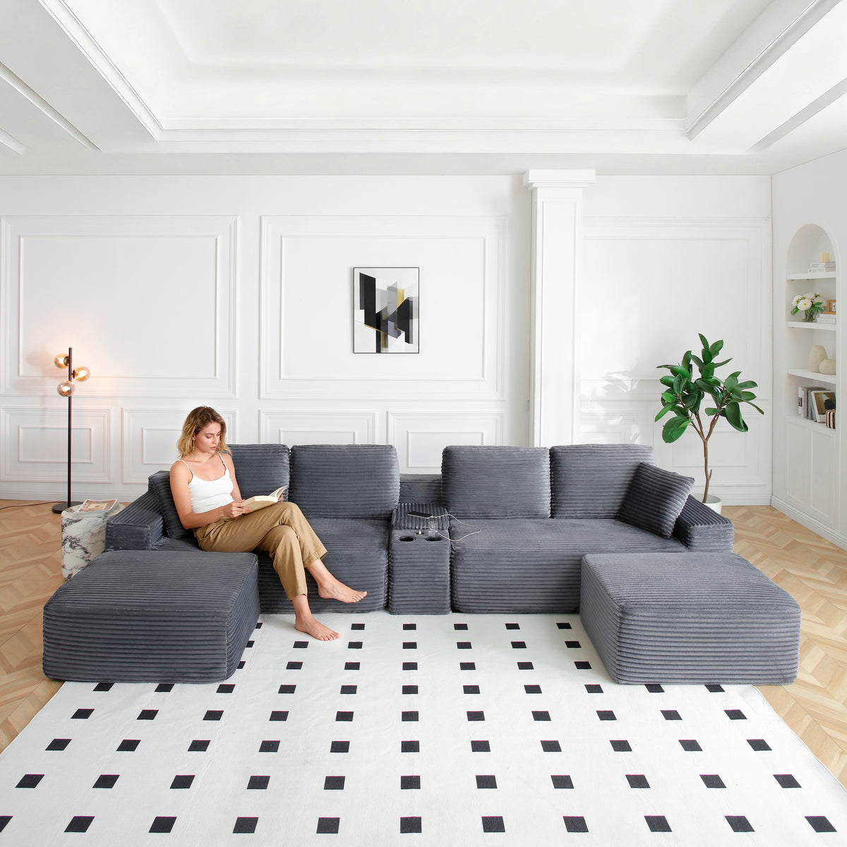 Gray Corduroy U-Shaped Sectional with 2 Ottomans, 125 in Wide