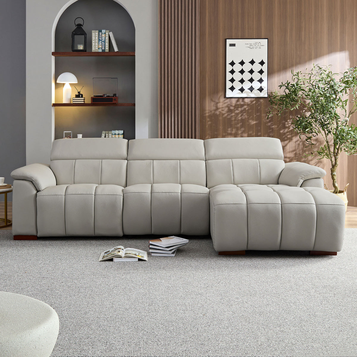 Light Gray Genuine Leather Reclining Sectional, 113.4 in, Right-Facing