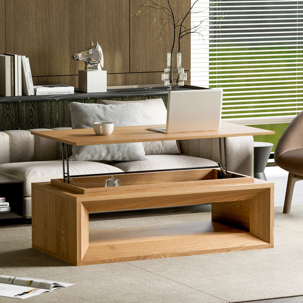 Natural Rectangular Lift-Top Coffee Table with Storage, 43.3 in