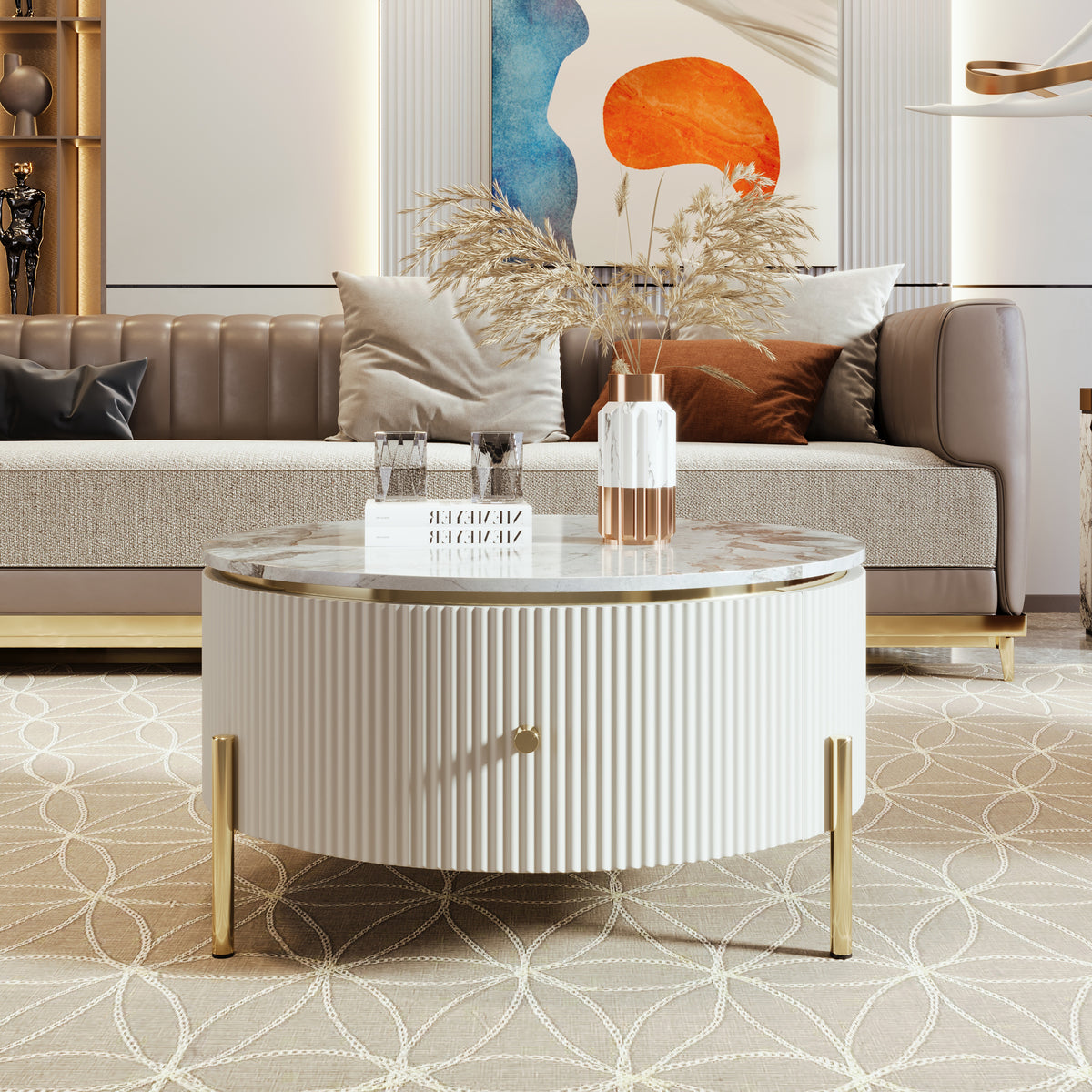White Faux Marble Fluted Round Coffee Table with Drawers, 31.5 in