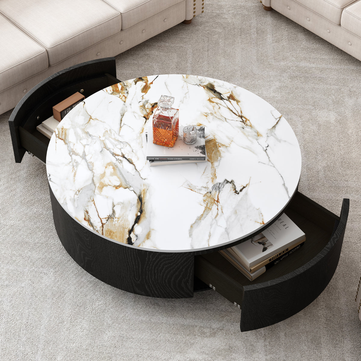 Black Sintered Stone Round Drum Coffee Table with Drawers, 35.4 in