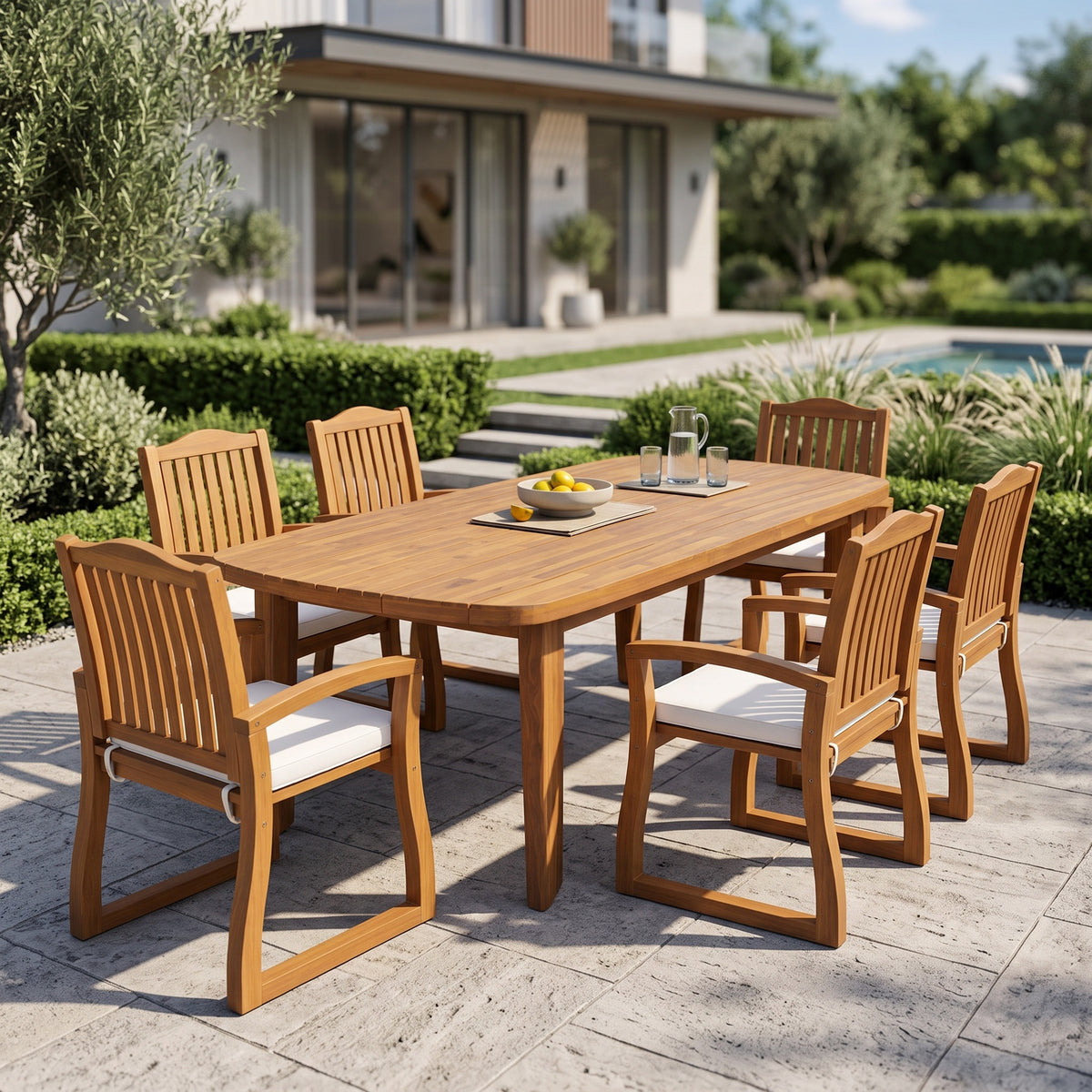 Teak Finish Solid Wood 7-Piece Patio Dining Set for 6, Slatted