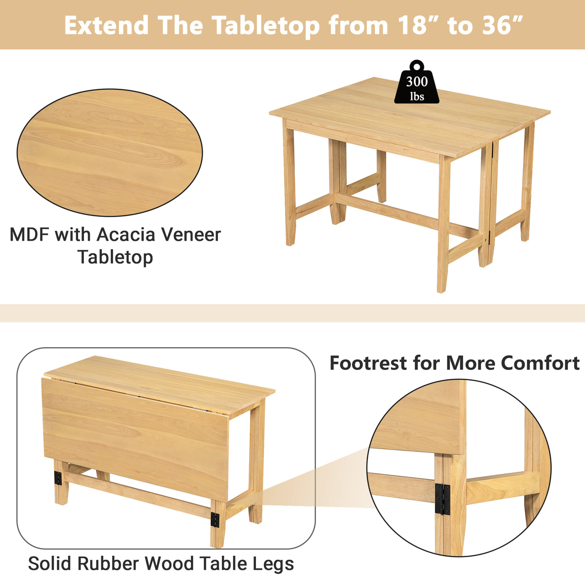 Feature graphic showing the table extending from 18 to 36 inches with MDF acacia veneer top and solid wood legs